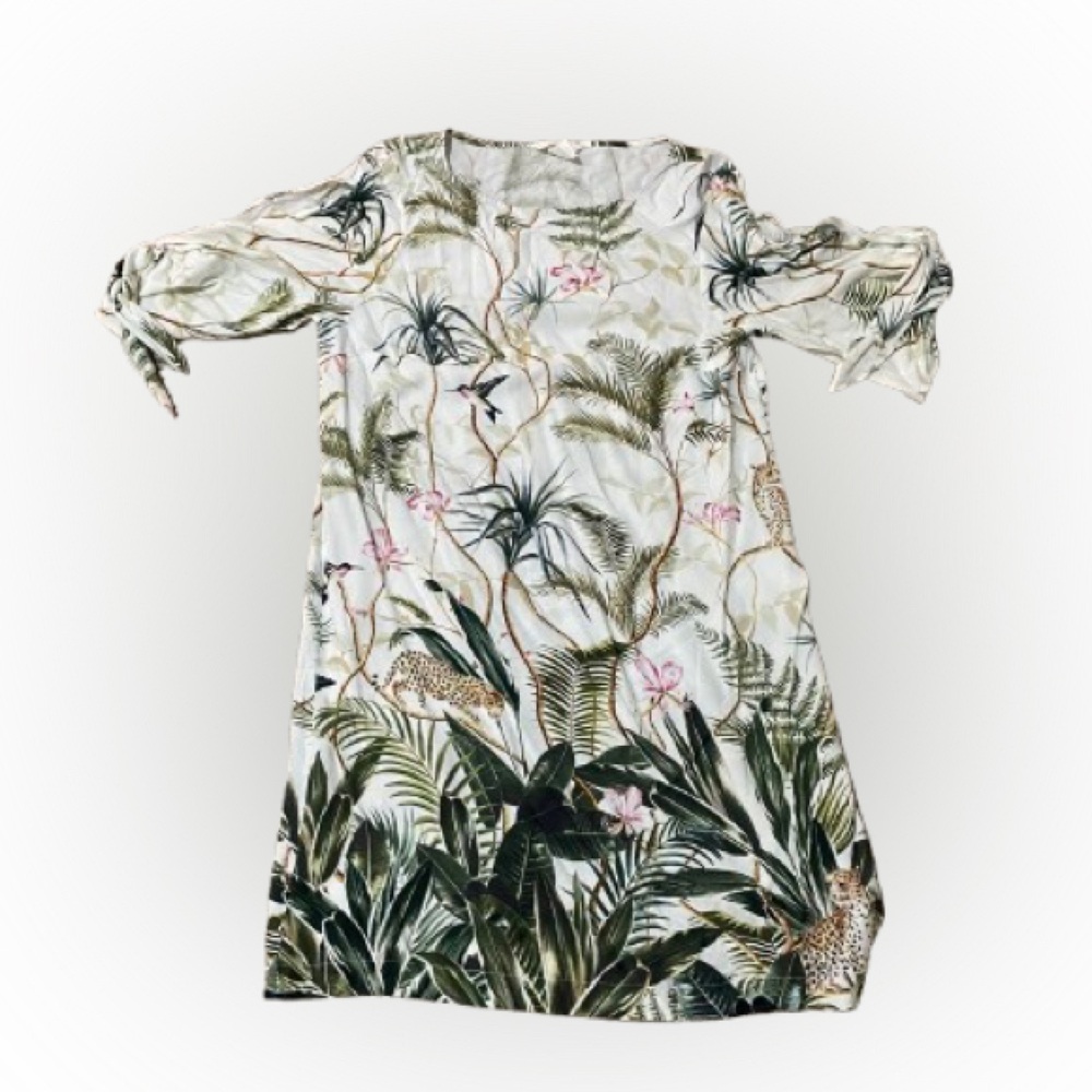 H&M Tropical Leaf Print Midi Dress in White and Green